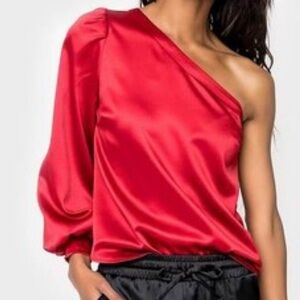 NWT S Gibson One Shoulder Blouson Satin top scarlet red silky holiday NYE